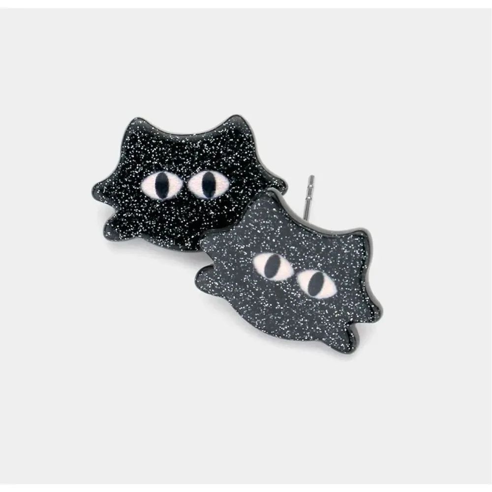 Brand New Boutique Resin Halloween Black Cat Halloween Spooky Stud Earrings